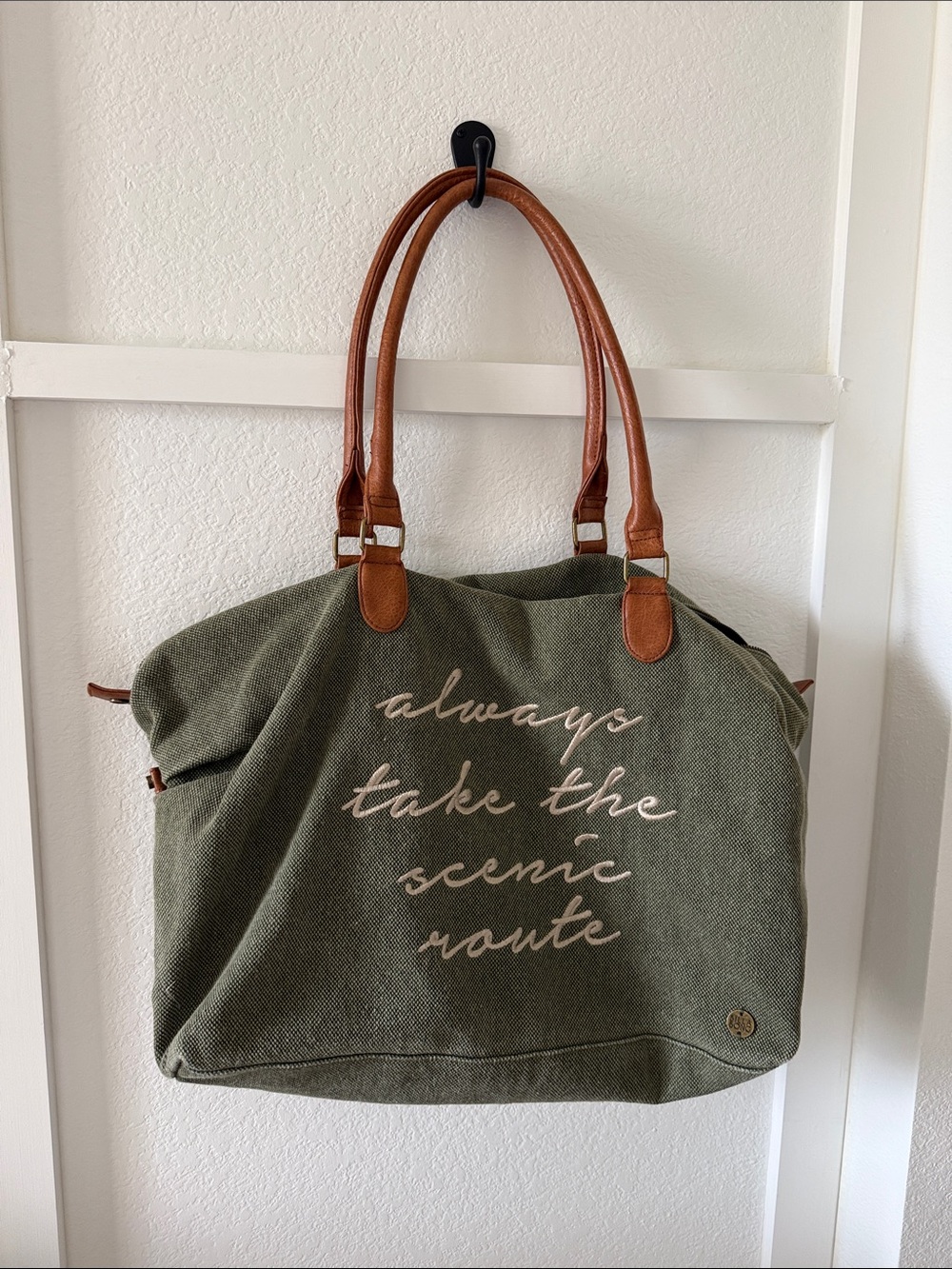 Large Billabong Olive Canvas Tote Bag with Brown Leather Handles